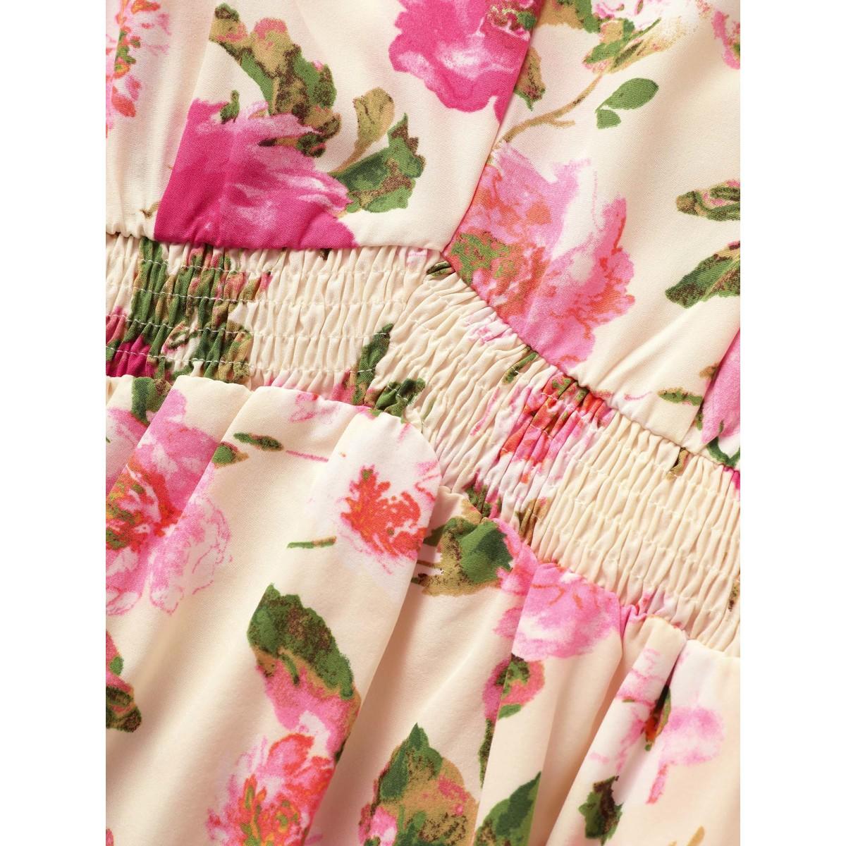 Plus Size V Neck Floral Shirred Flutter Sleeve Dress Ivory Women Elegant Shirred V-neck Short sleeve Curvy BloomChic 10/M Product Image