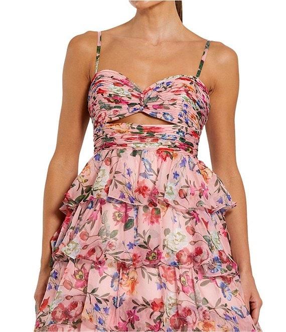 Mac Duggal Floral Print Sweetheart Neck Spaghetti Strap Sleeveless Cut Out Open Back Detail Ruffle Tiered Ball Gown Product Image