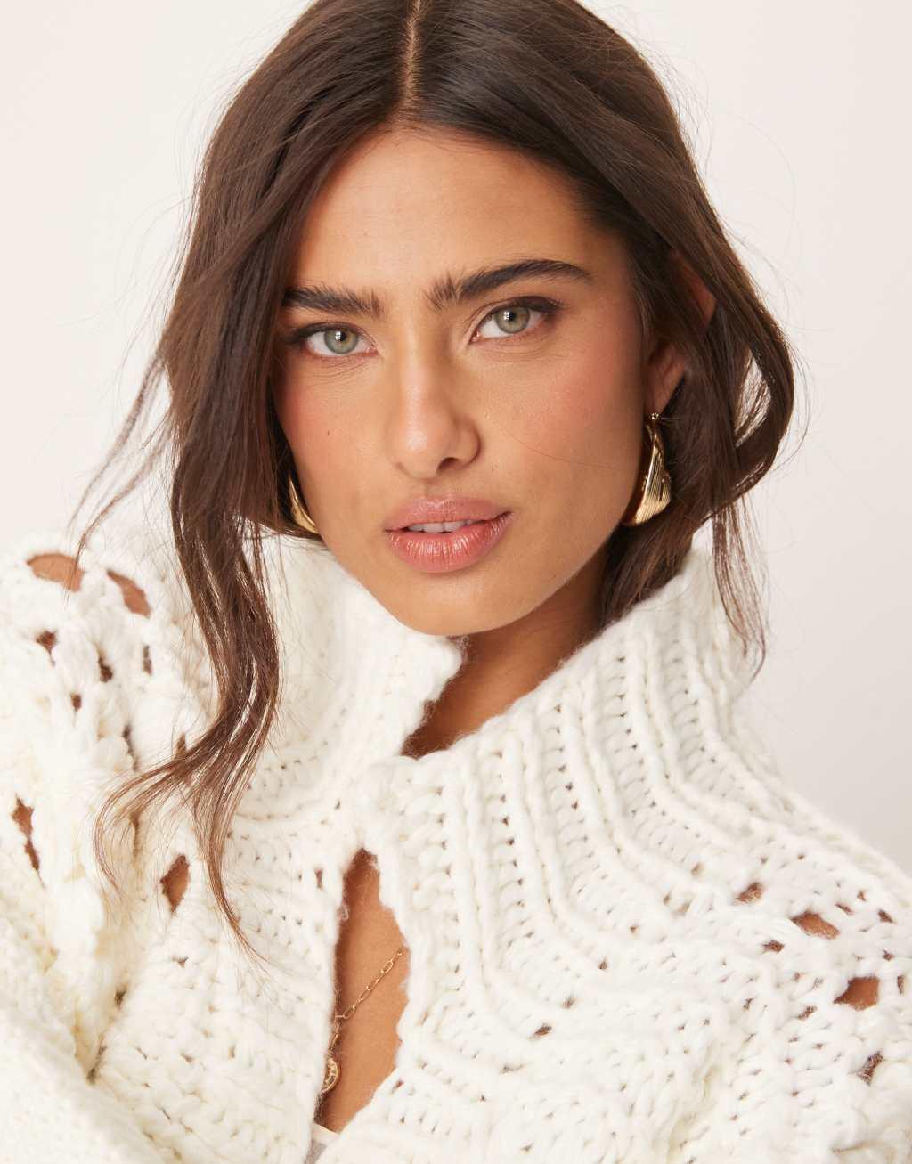 ASOS DESIGN crochet patchwork cardigan with collar detail in cream Product Image