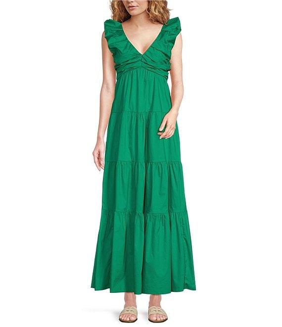 Skies Are Blue Poplin V-Neck Cap Sleeve Shirred Maxi Dress Product Image