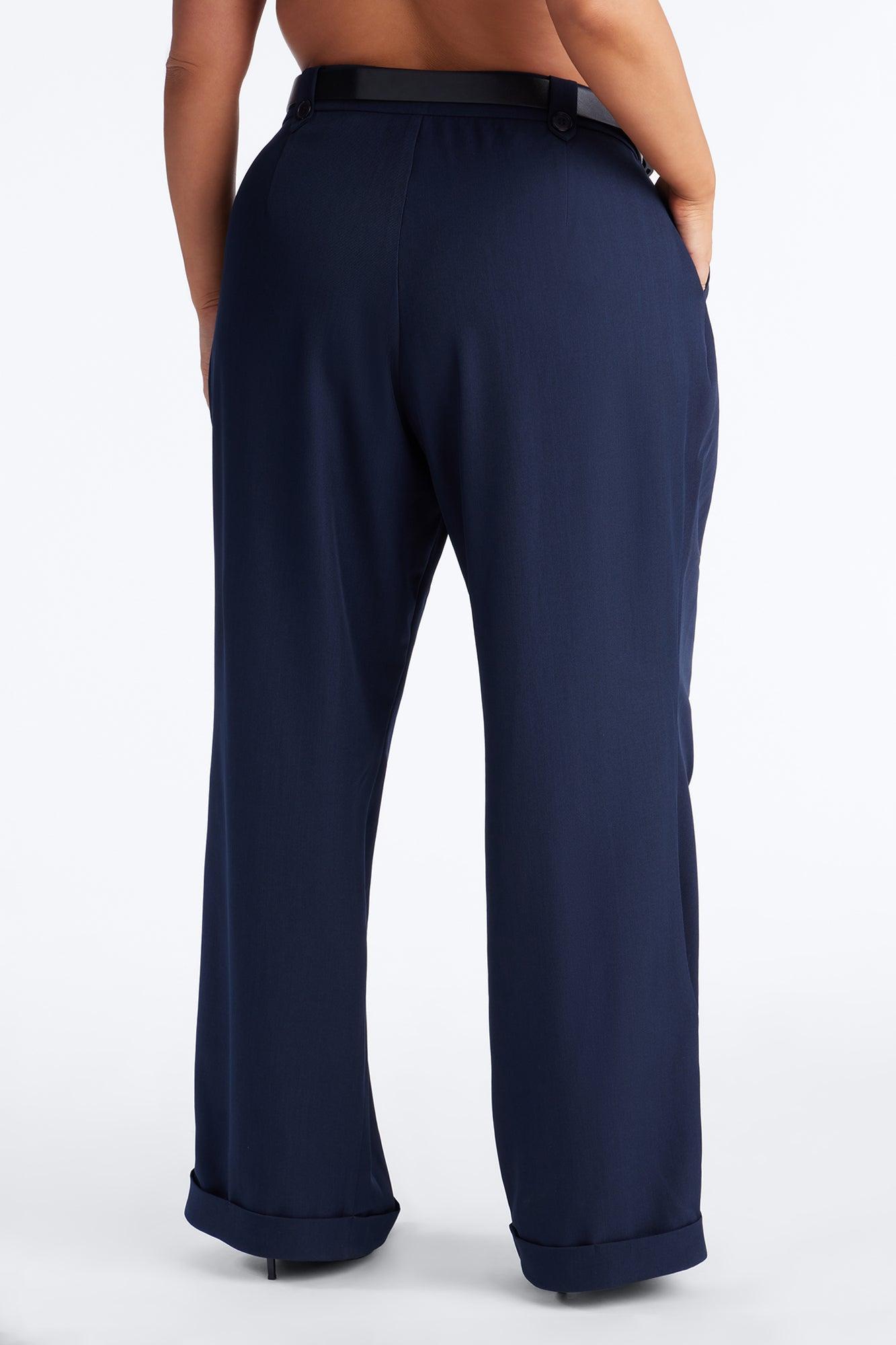 Brooklyn Mid Rise Belted Wide Leg Trouser Pant 33″ - Navy Female Product Image