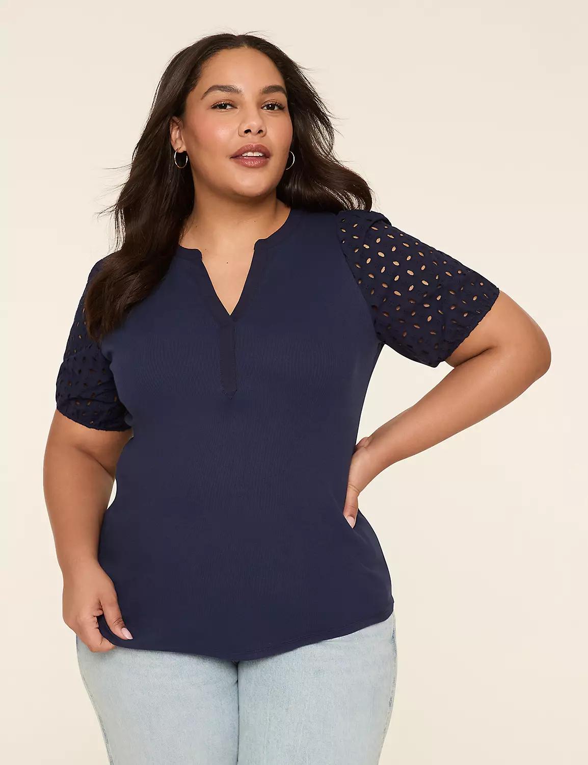 Eyelet-Sleeve Notch-Neck Rib Top Product Image