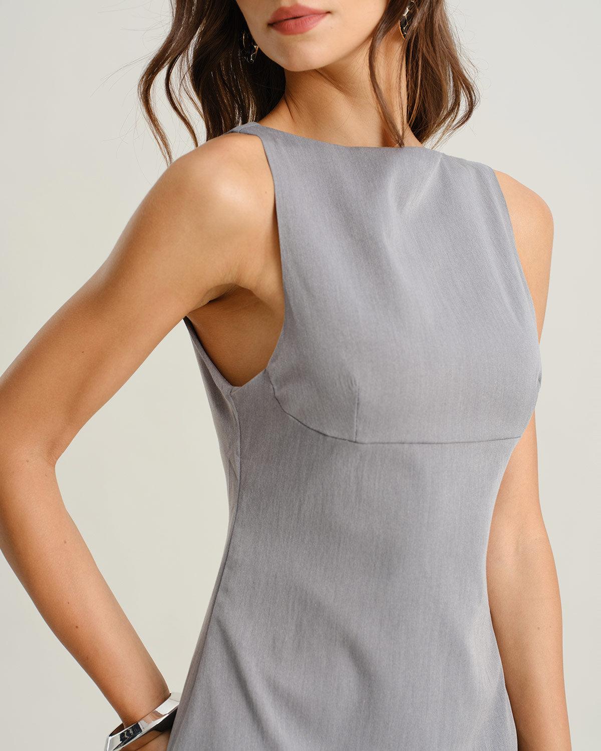 Grey Contrast Boat Neck Sleeveless Mini Dress Product Image