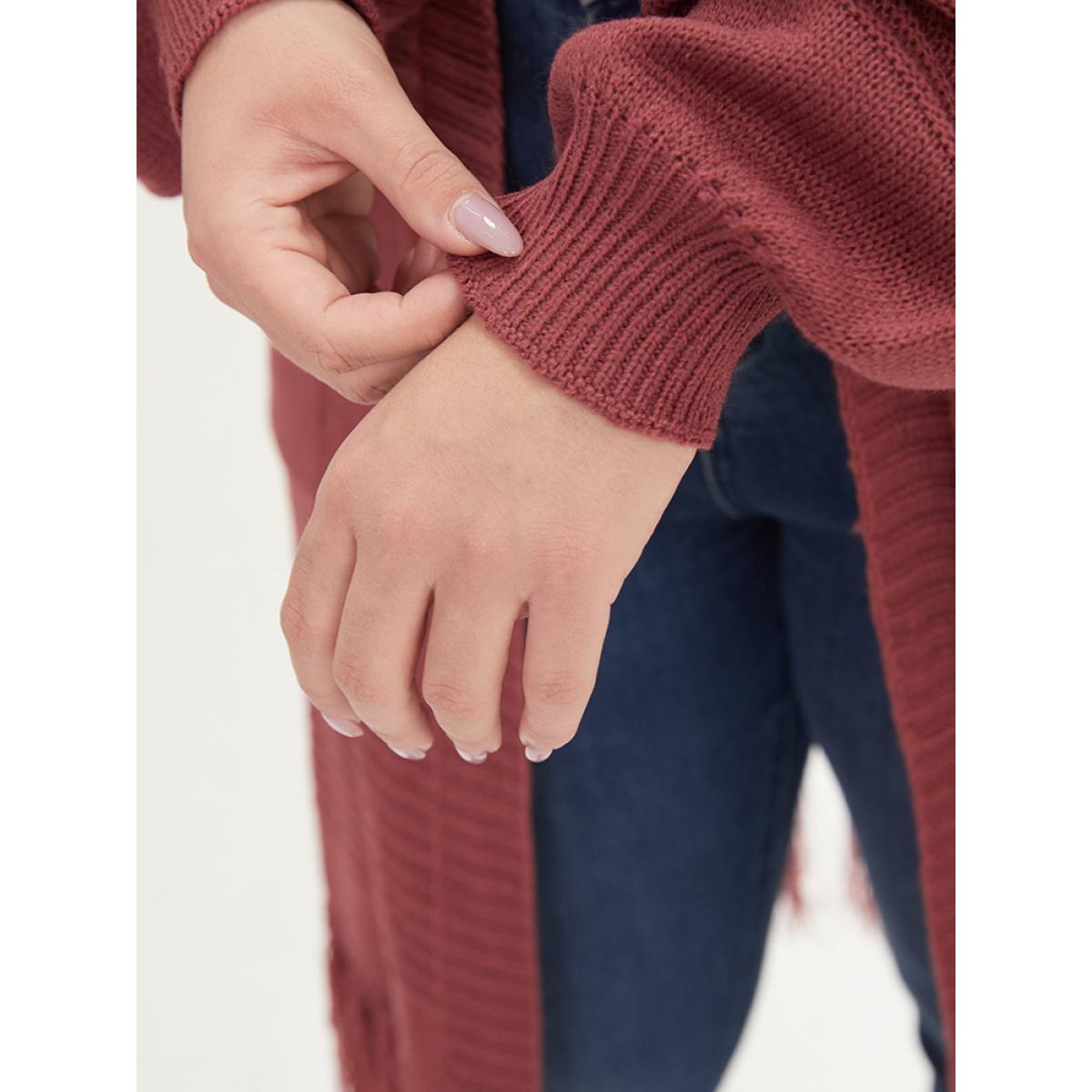 Plus Size Plain Fringe Trim Patched Pocket Cardigan Russet Women Casual Loose Long Sleeve Dailywear Cardigans BloomChic 28/5X Product Image