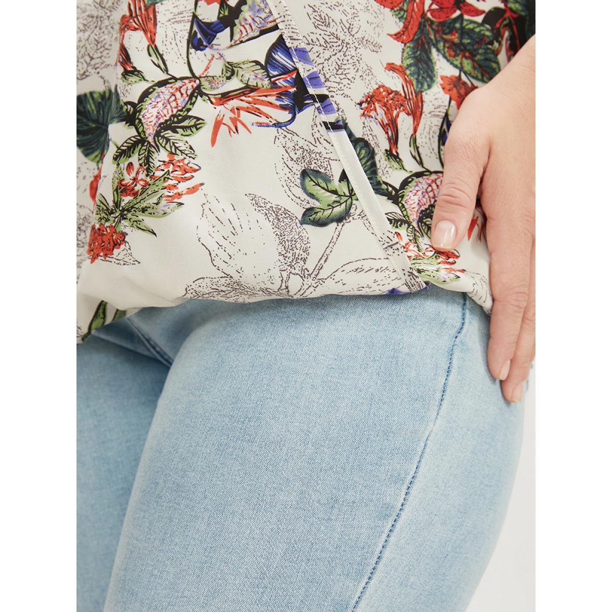 Plus Size Beige Plant & Floral Ruffle Sleeve Surplice Neck Blouse Women Vacation Short sleeve V-neck Dailywear Blouses BloomChic 14-16/1X Product Image