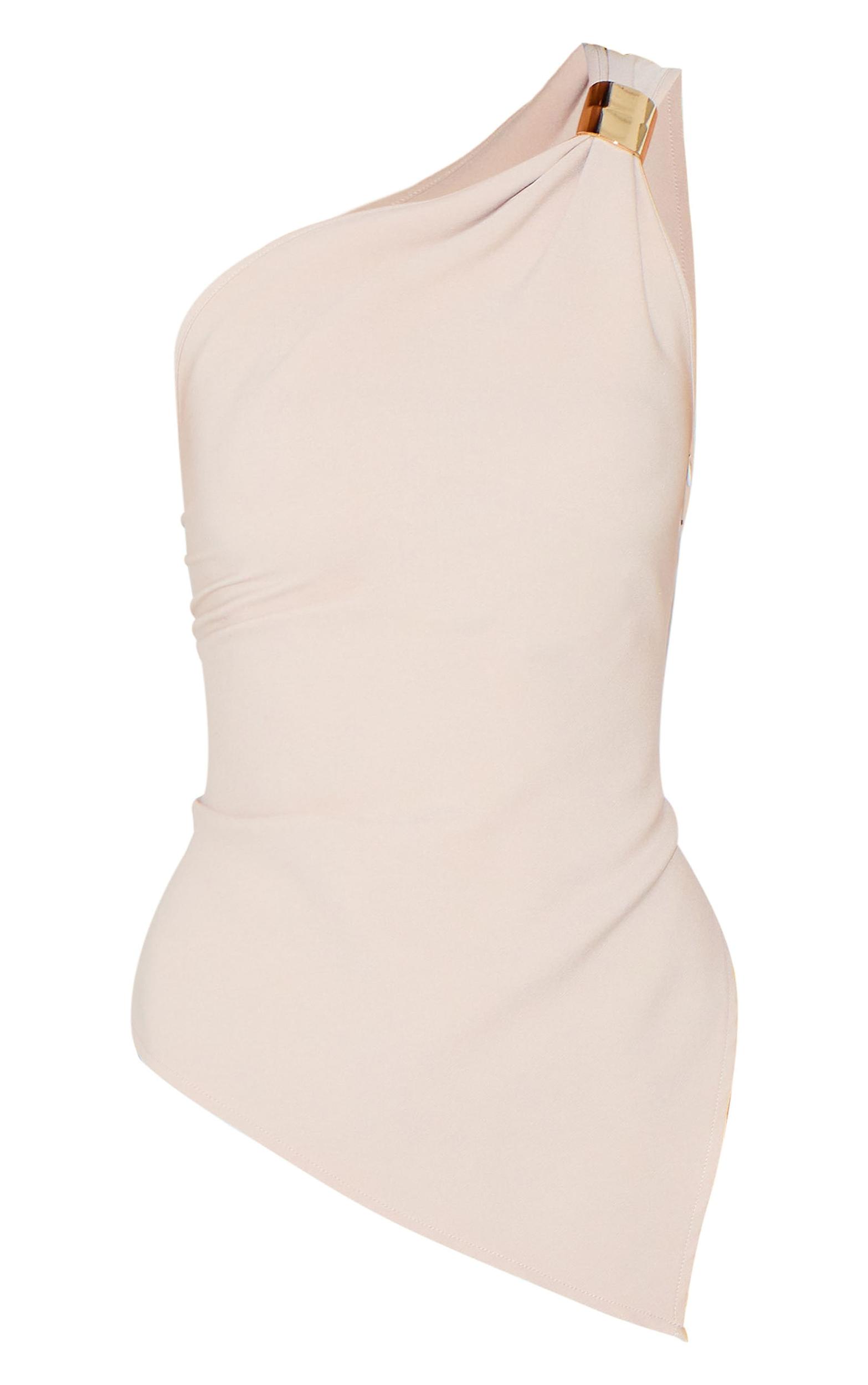 Cream Asymmetric One Shoulder Trim Detail Long Top Product Image