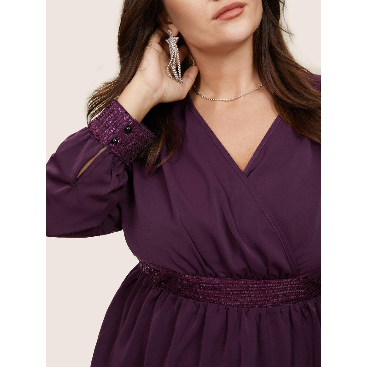 Plus Size Purple Plain Sequin Patchwork Overlap Collar Gathered Blouse Women Glamour Long Sleeve Overlap Collar Party Blouses BloomChic 26/4X Product Image