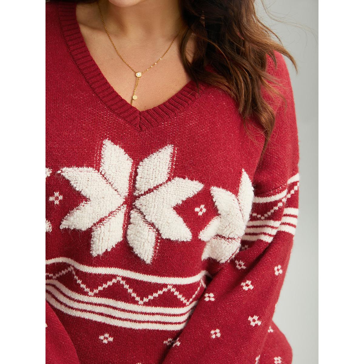Plus Size Supersoft Essentials Towel Embroidered Snowflake Pullover Scarlet Women Casual Loose Long Sleeve V-neck Festival-Christmas Pullovers BloomChic 18-20/2X Product Image