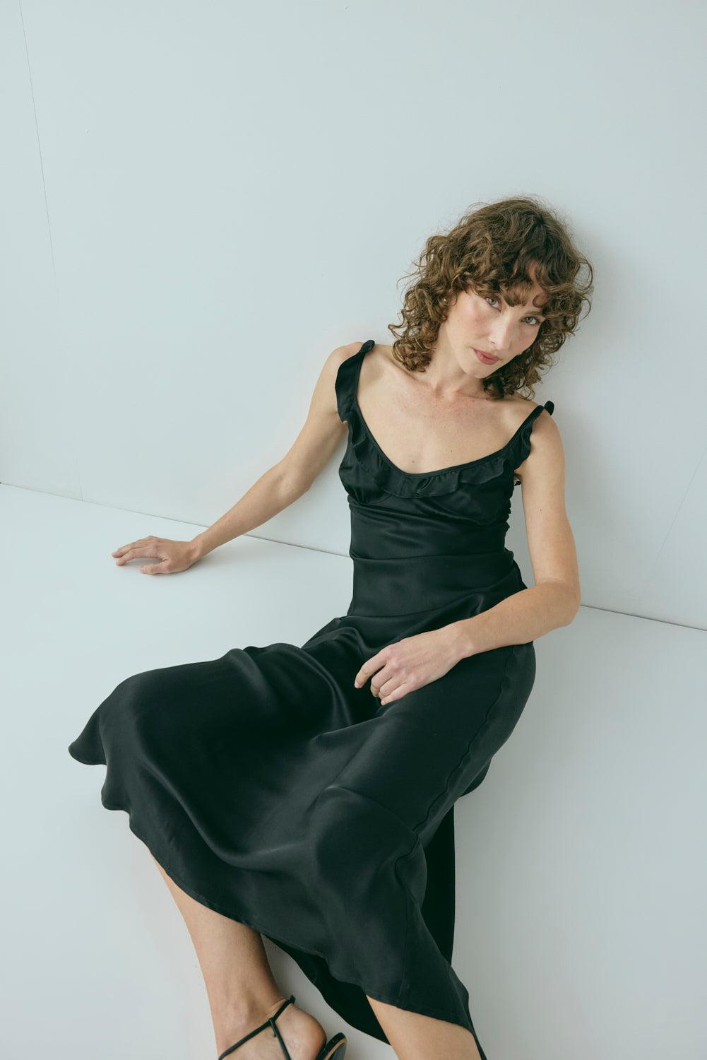 Rosalia Satin Bias Cut Maxi Dress Black Product Image