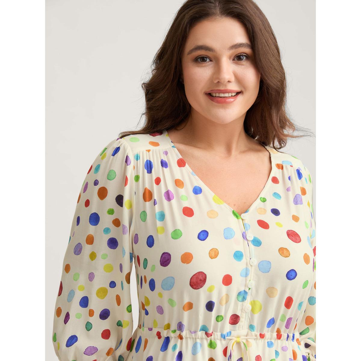 Plus Size Colorful Polka Dots Waist Drawstring Midi Dress Beige Women V-neck Elbow-length sleeve Curvy BloomChic 14-16/1X Product Image
