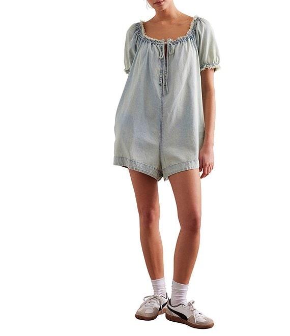 Free People Daisy Denim Square Neck Short Puff Sleeve Babydoll Romper Product Image