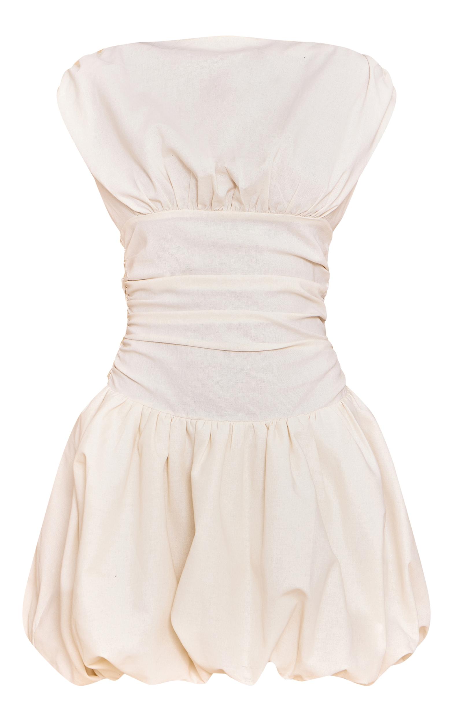 Cream Boat Neck Ruched Detail Puffball Dress Product Image
