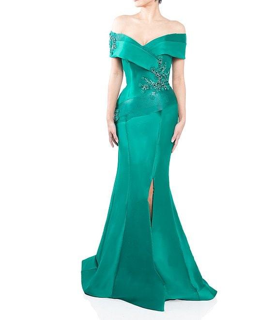 Terani Couture Pleated Off-the-Shoulder Short Sleeve Mermaid Gown Product Image