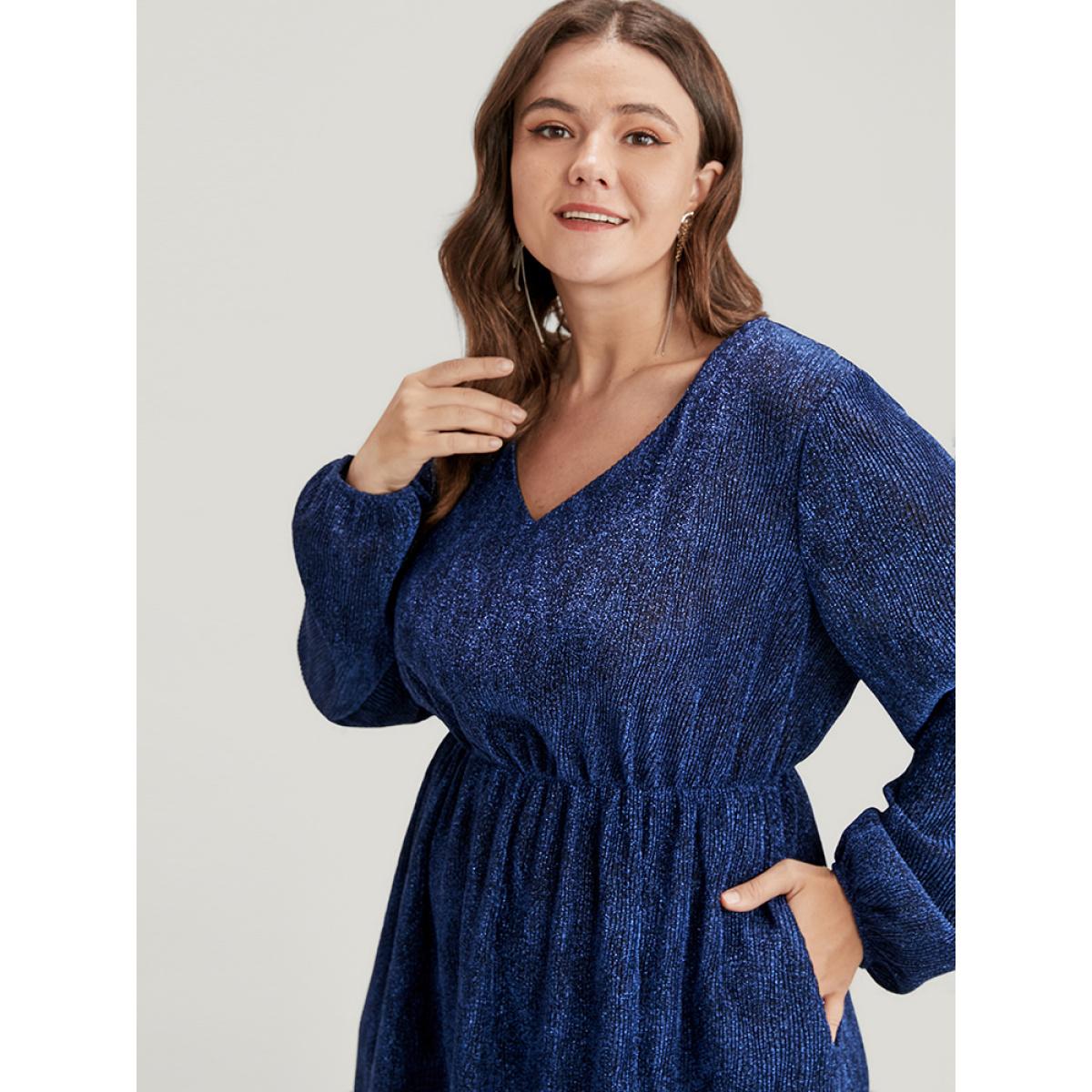 Plus Size Solid Lantern Sleeve Sequin Split Hem Dress DarkBlue Women Party Elastic Waist V-neck Long Sleeve Curvy Midi Dress BloomChic 22-24/3X Product Image