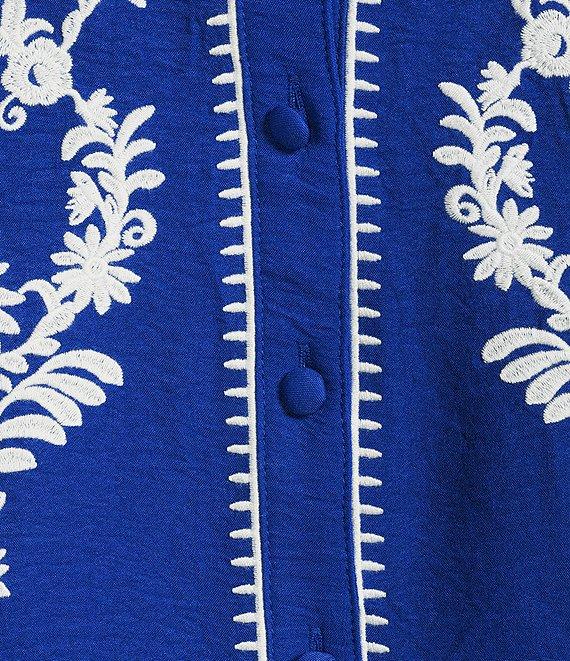 Calessa Petite Size Embroidered Motif Split V-Neck 3/4 Sleeve Button Front Tunic Product Image