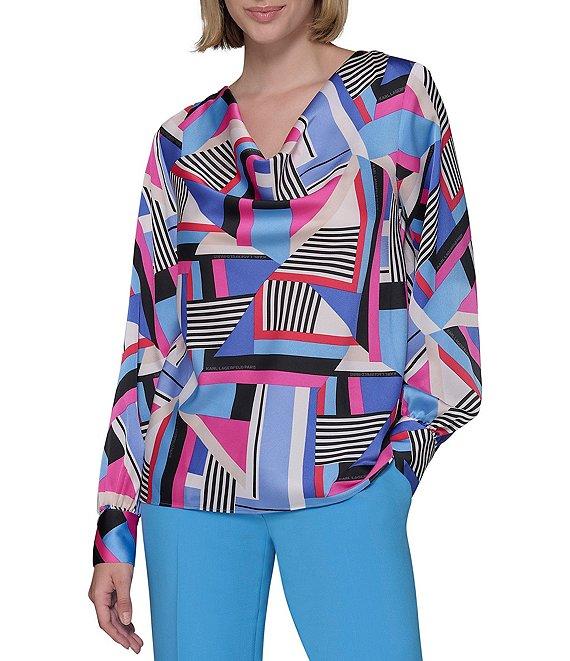 KARL LAGERFELD PARIS Woven Geometric Print Cowl Neck Long Sleeve Blouse Product Image