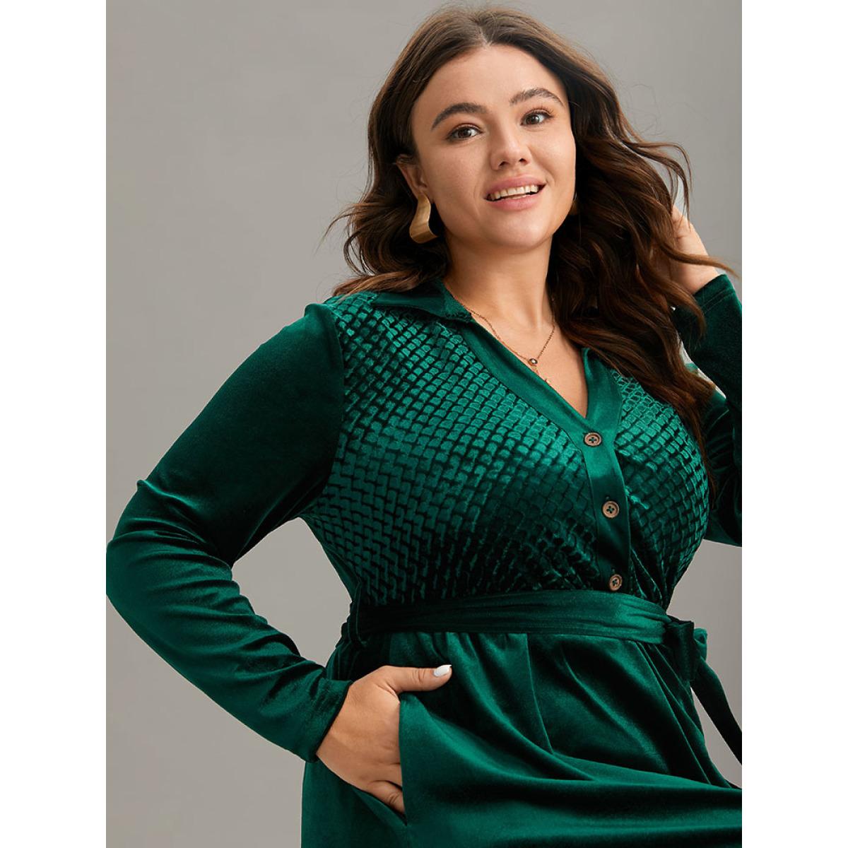 Plus Size Plain Texture Velvet Button Up Belted Dress DarkGreen Women Elegant Velvet Notched collar Long Sleeve Curvy Midi Dress BloomChic 18-20/2X Product Image