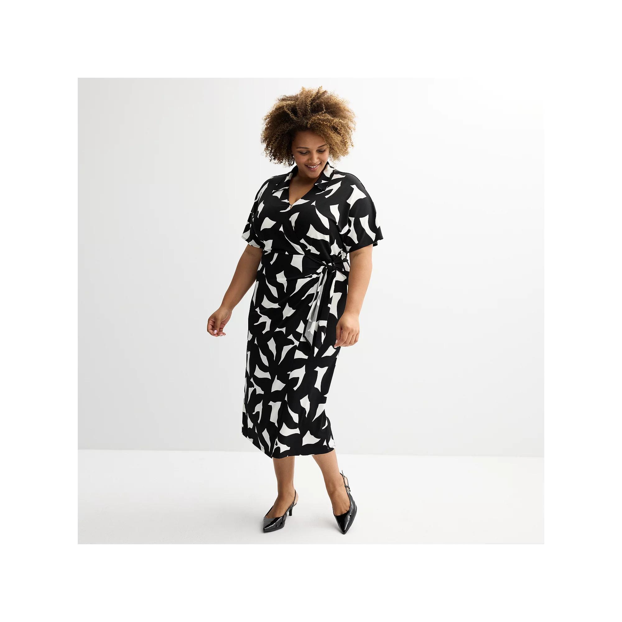 Plus Size Nine West Dolman Faux-Wrap Midi Dress, Women's, Size: 4XL, Black Bold Leaf Product Image