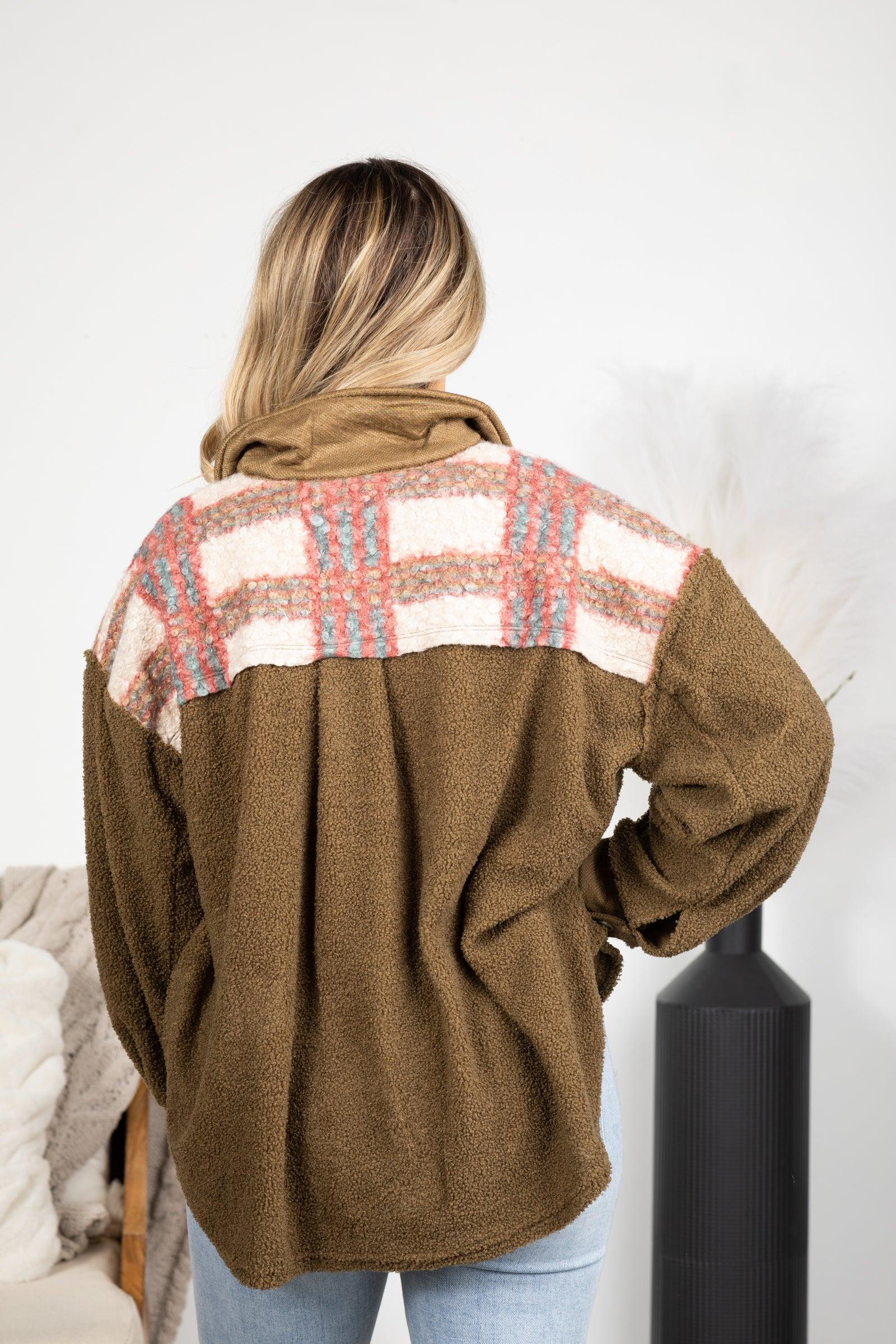 Olive Plaid Sherpa Yoke Shacket Product Image