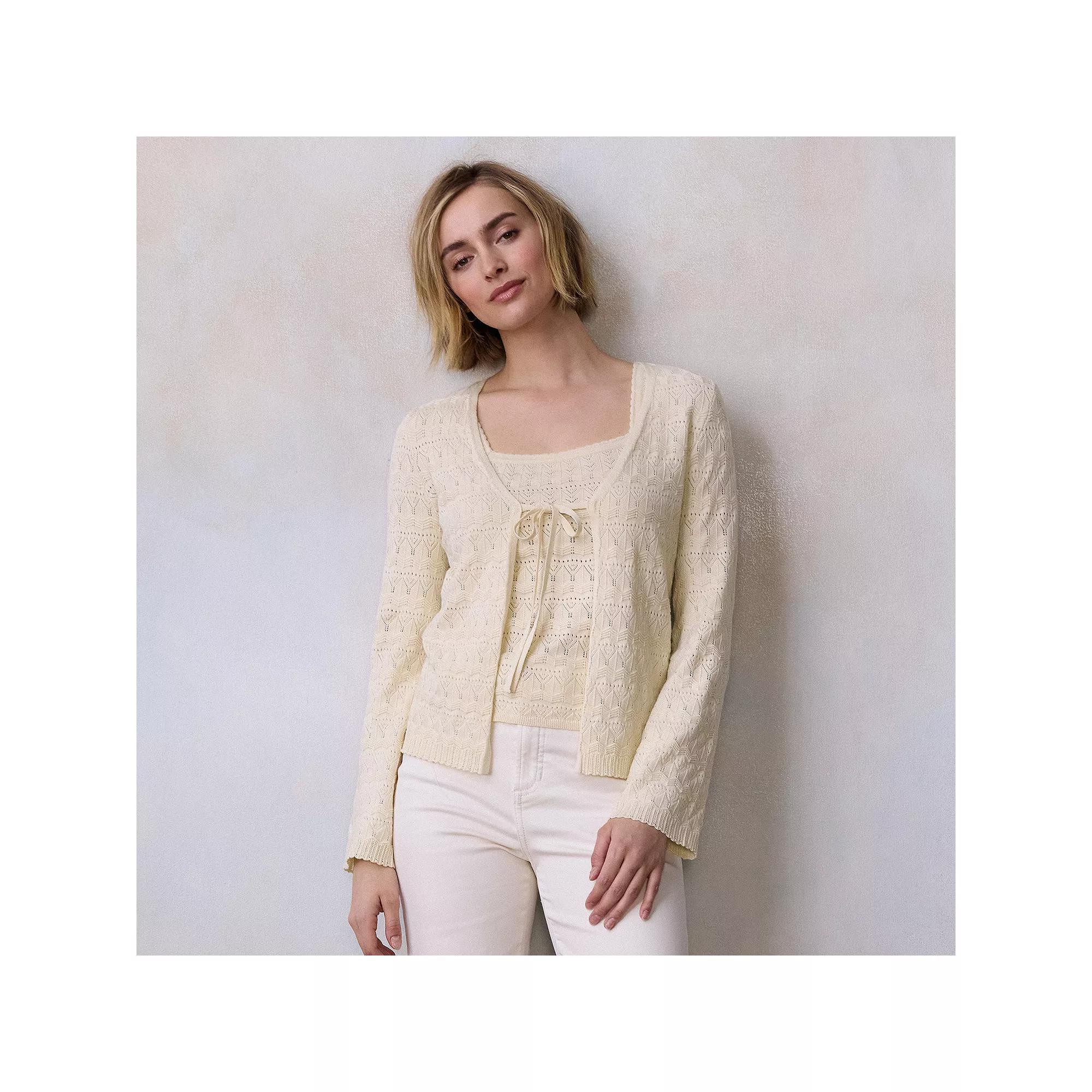 Women's LC Lauren Conrad V-Neck Pointelle Cardigan, Size: Medium, Fusilli Product Image
