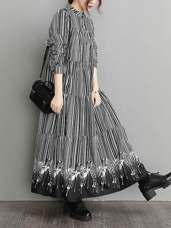 Vintage Loose Striped Buttoned Stand Collar Long Sleeves Midi Dress Product Image