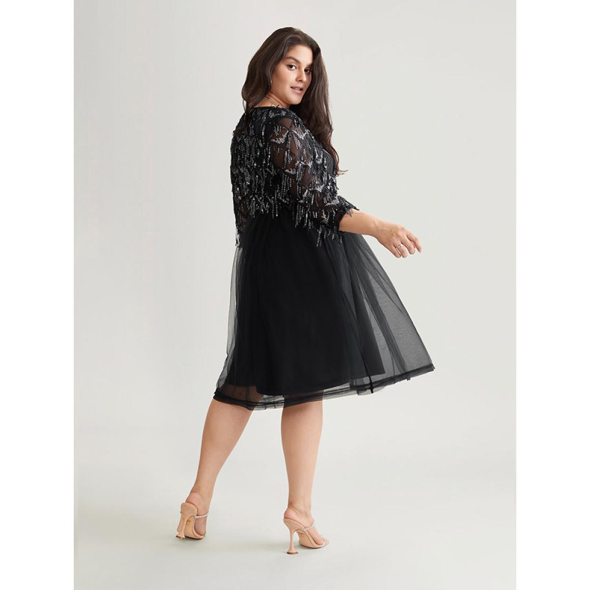 Plus Size Sequin Tassels Plisse Patchwork Mesh Knee Dress Black Women Cocktail Sequin V-neck Elbow-length sleeve Curvy Midi Dress BloomChic 14-16/1X Product Image