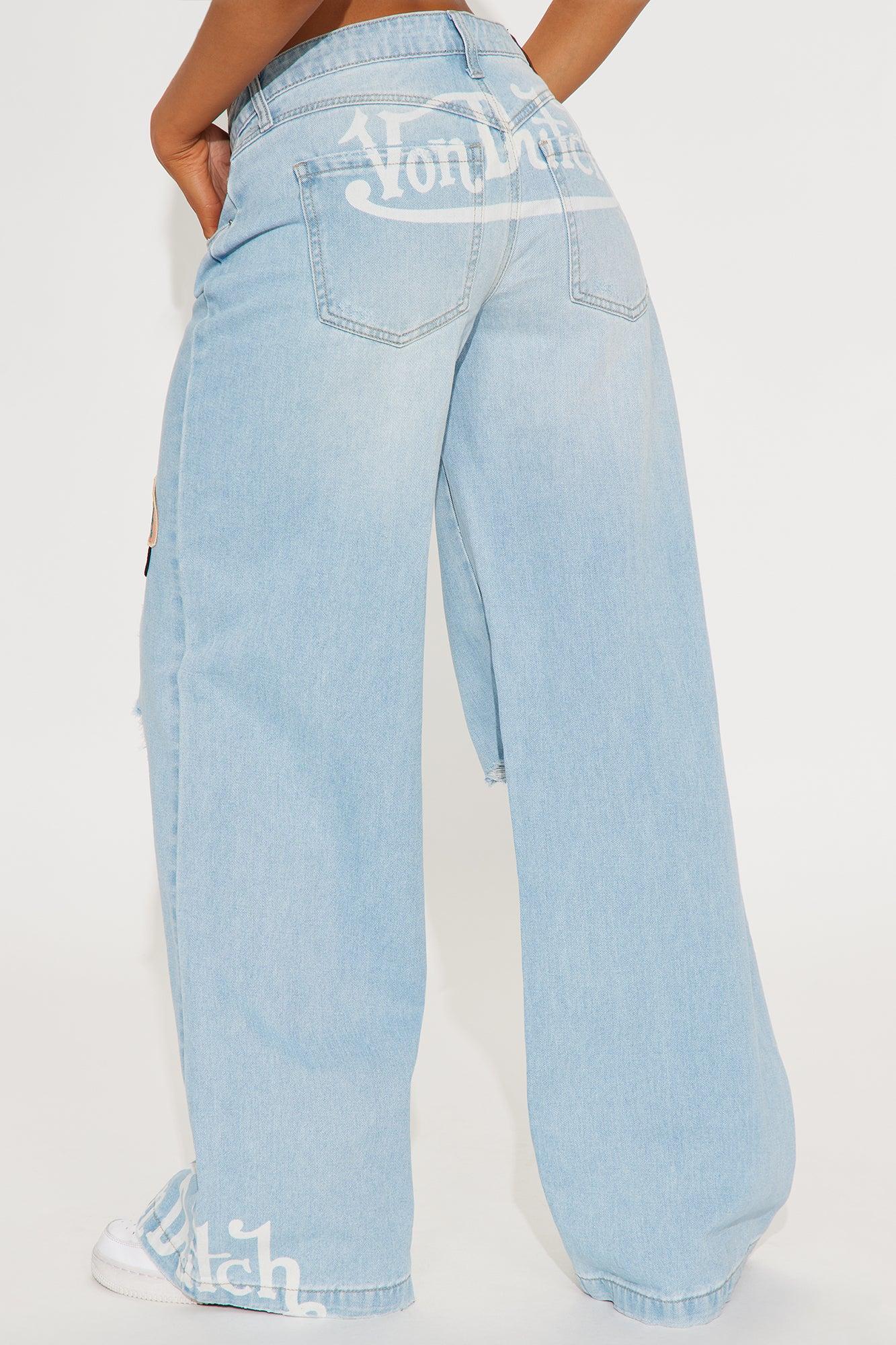 Von Dutch Patchwork Distressed Wide Leg Jeans - Medium Wash Product Image