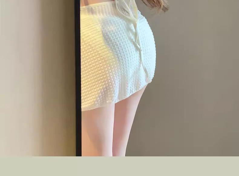 Set: Plain Bikini + Long-Sleeve V-Neck Criss Cross Top + Drawstring Cover Up Skirt Product Image