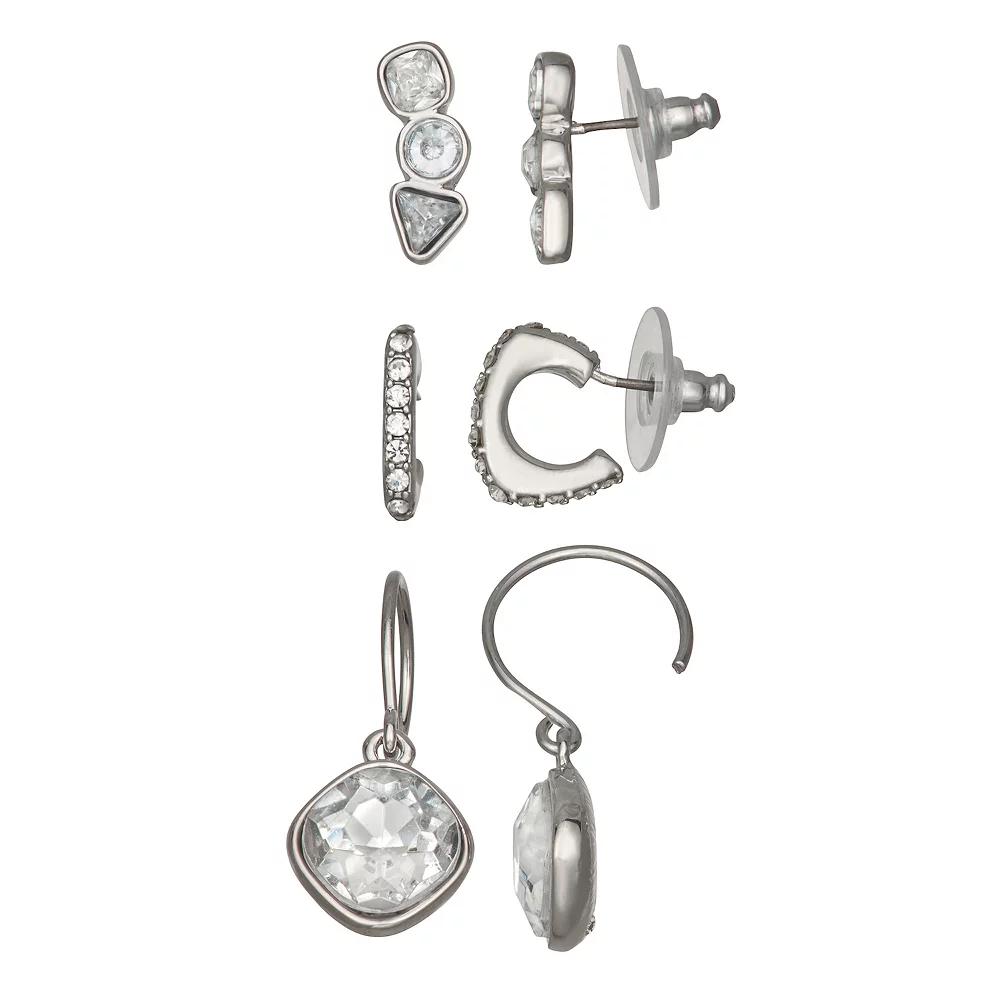 Simply Vera Vera Wang Silver Tone Stone Stud Earring Trio Set, Women's, Clear Product Image