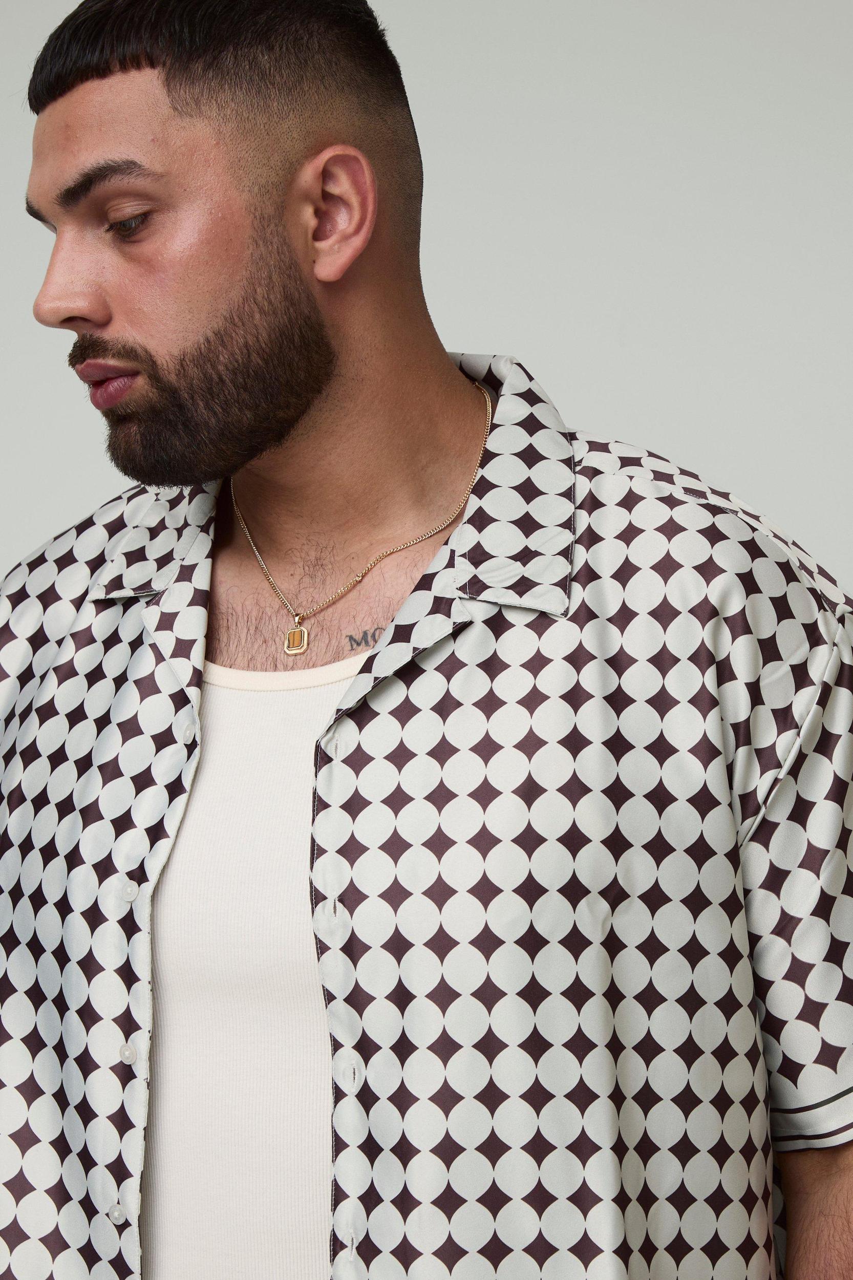 Plus Oversized Boxy Short Sleeve Check Satin Shirt & Short Set | boohooMAN USA Product Image