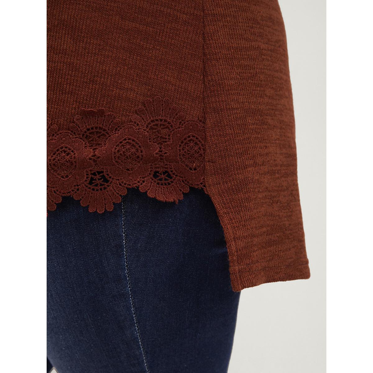 Plus Size Solid Lace Asymmetrical Hem Funnel Neck Sweatshirt Women Russet Elegant Patchwork Turtleneck Dailywear Sweatshirts BloomChic 26/4X Product Image