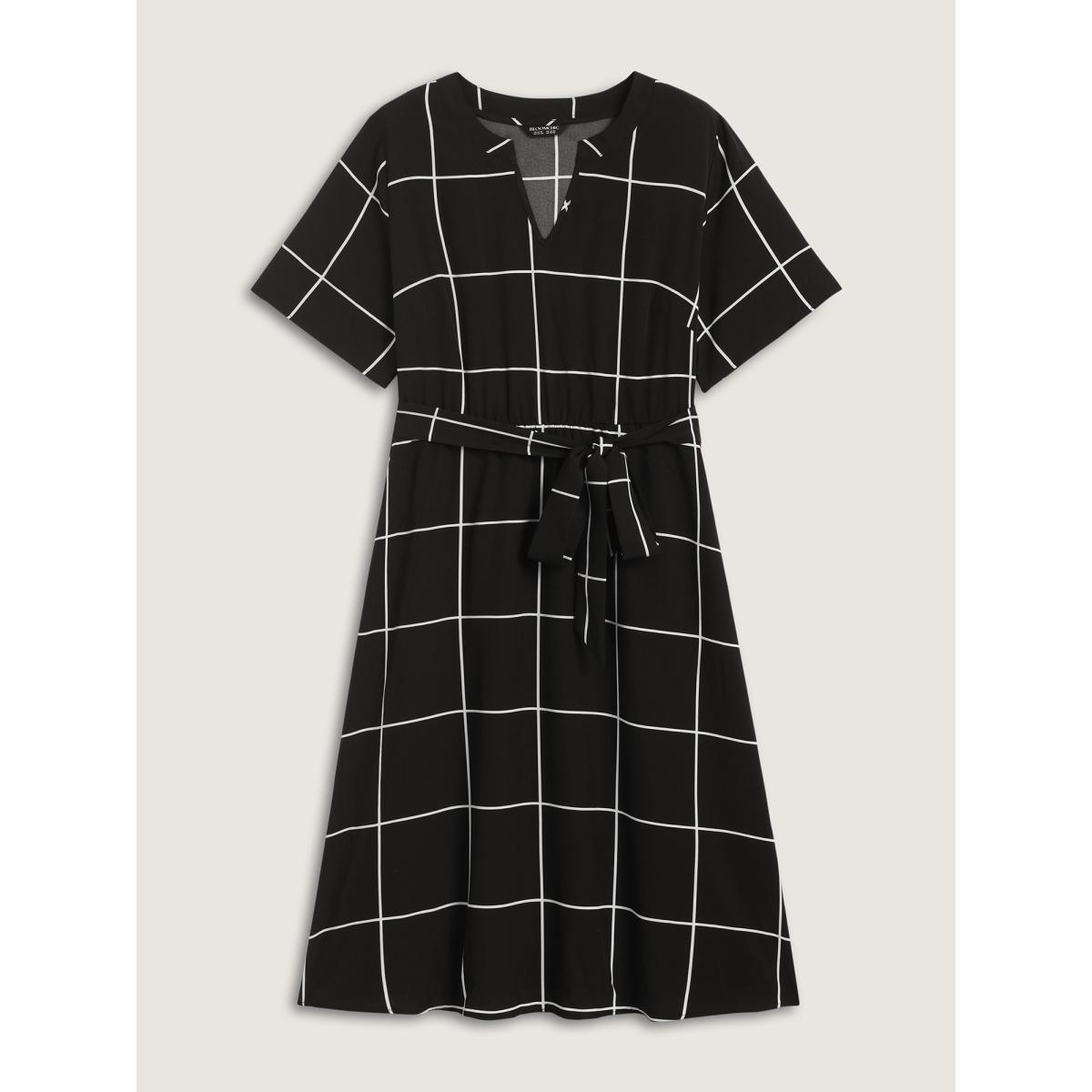 Plus Size Checkered Print Belted Pockets Midi Dress Black Women Office Belted Flat collar with V-notch Short sleeve Curvy BloomChic 14-16/1X Product Image