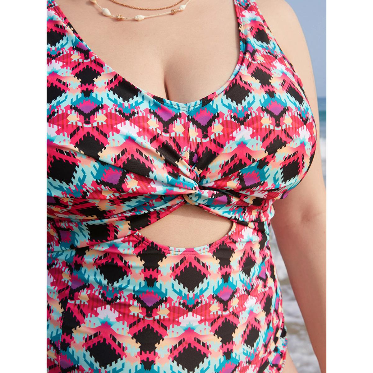 Plus Size Geometric Print Cut Out Twist Front One Piece Swimsuit Women's Swimwear Multicolor Vacation Adjustable Straps Curve Bathing Suits High stretch One Pieces BloomChic 26/4X Product Image