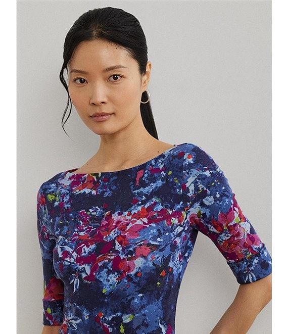 Lauren Ralph Lauren Printed Stretch Cotton Boat Neck Elbow Sleeve T-Shirt Product Image