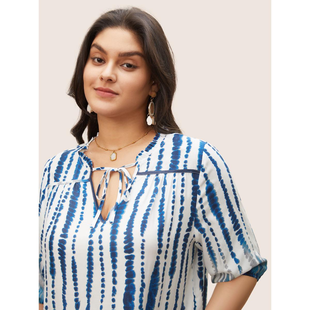 Plus Size DarkBlue Tie Dye Tie Neck Frill Trim Blouse Women Resort Half Sleeve Notched collar Vacation Blouses BloomChic 22-24/3X Product Image