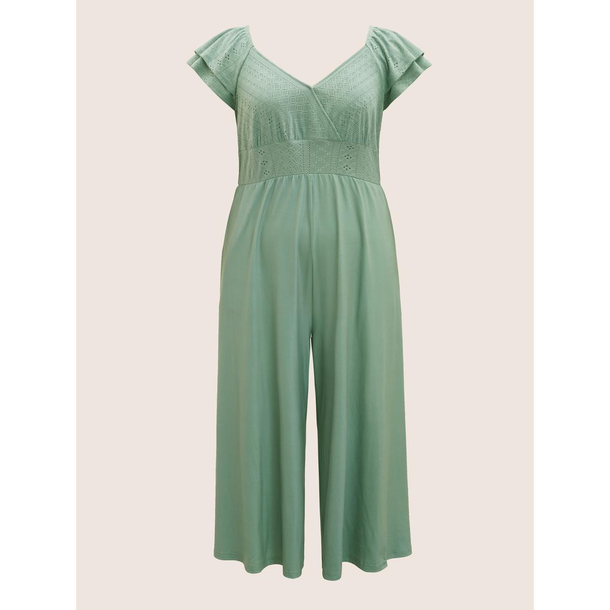 Plus Size Sage Eyelet Embroidery Tiered Ruffle Trim Jumpsuit Women Elegant Cap Sleeve Heart neckline Everyday Loose Jumpsuits BloomChic 22-24/3X Product Image