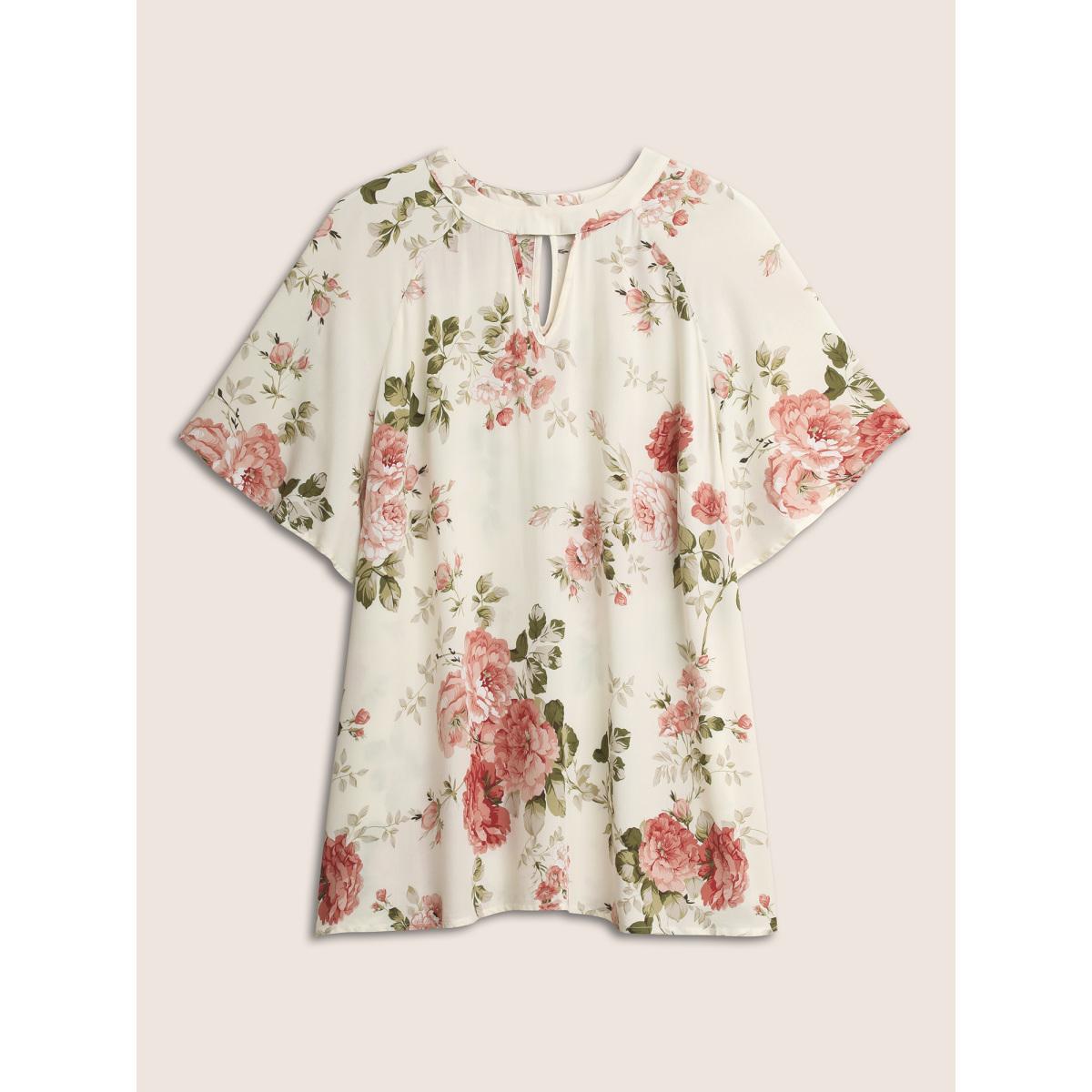 Plus Size Ivory Floral Print Keyhole Flutter Sleeve Blouse Women Elegant Short sleeve Round Neck Everyday Blouses BloomChic 22-24/3X Product Image