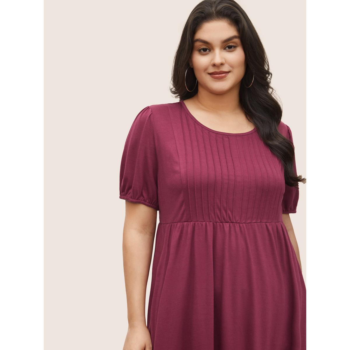 Plus Size Supersoft Essentials Plain Pleated Patchwork Ruffle Hem Dress RedViolet Women Casual Non Round Neck Short sleeve Curvy Midi Dress BloomChic 14-16/1X Product Image
