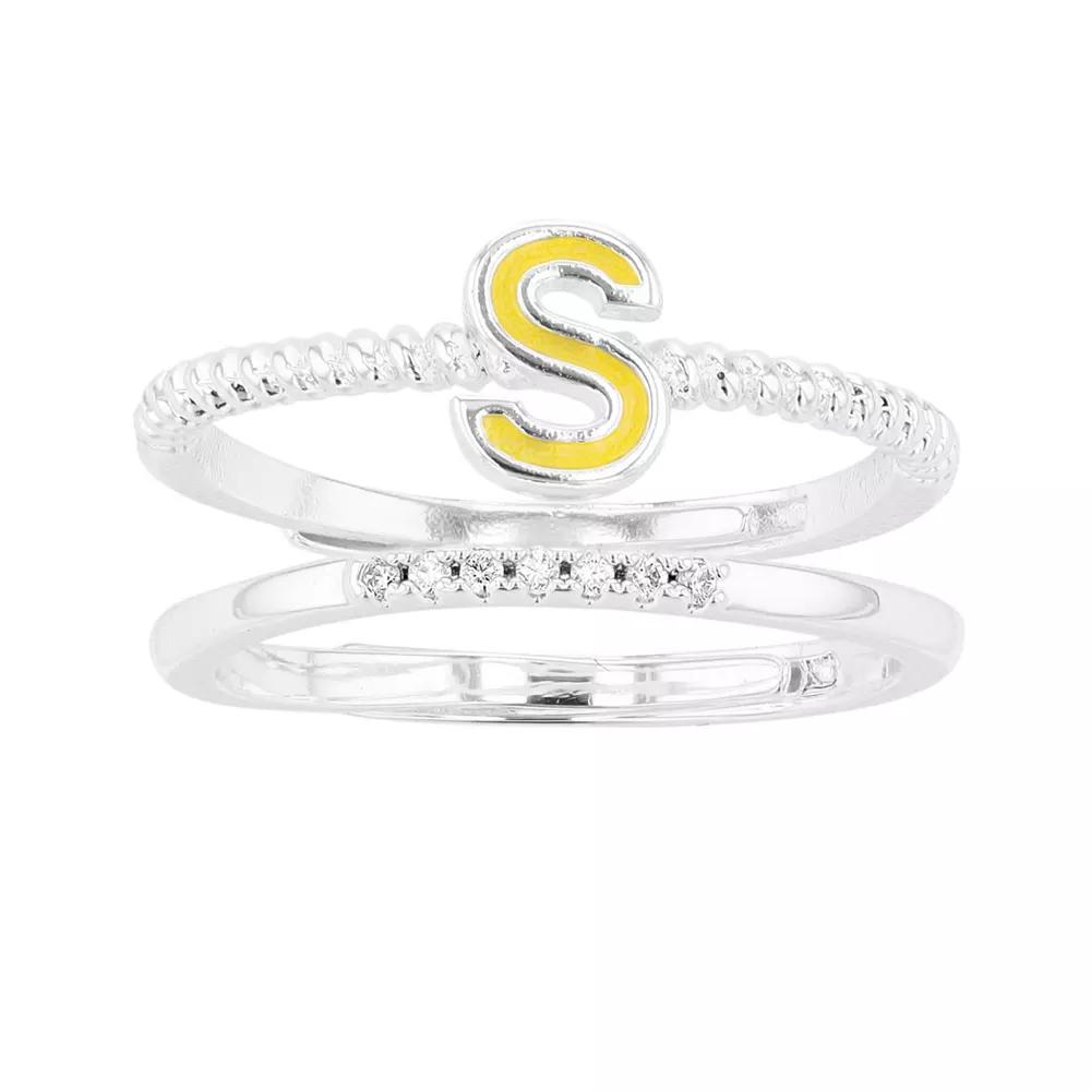 City Luxe Enamel Initial Ring & Cubic Zirconia Pave Ring Duo Set, Women's, Silver Tone S Product Image