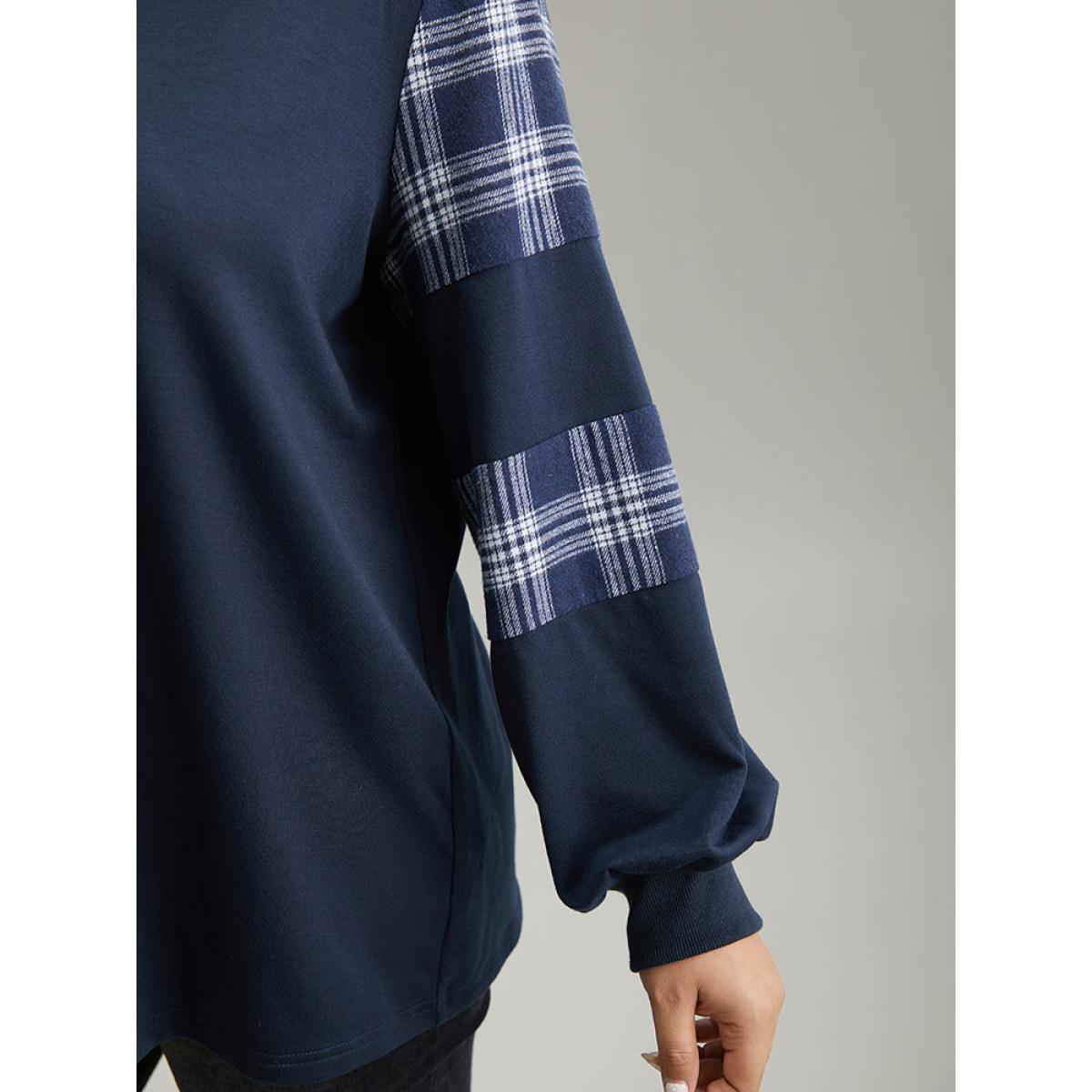 Plus Size Plaid Patchwork Button Up Rib Knit Sweatshirt Women Indigo Casual Elastic cuffs Open Front Dailywear Sweatshirts BloomChic 10/M Product Image