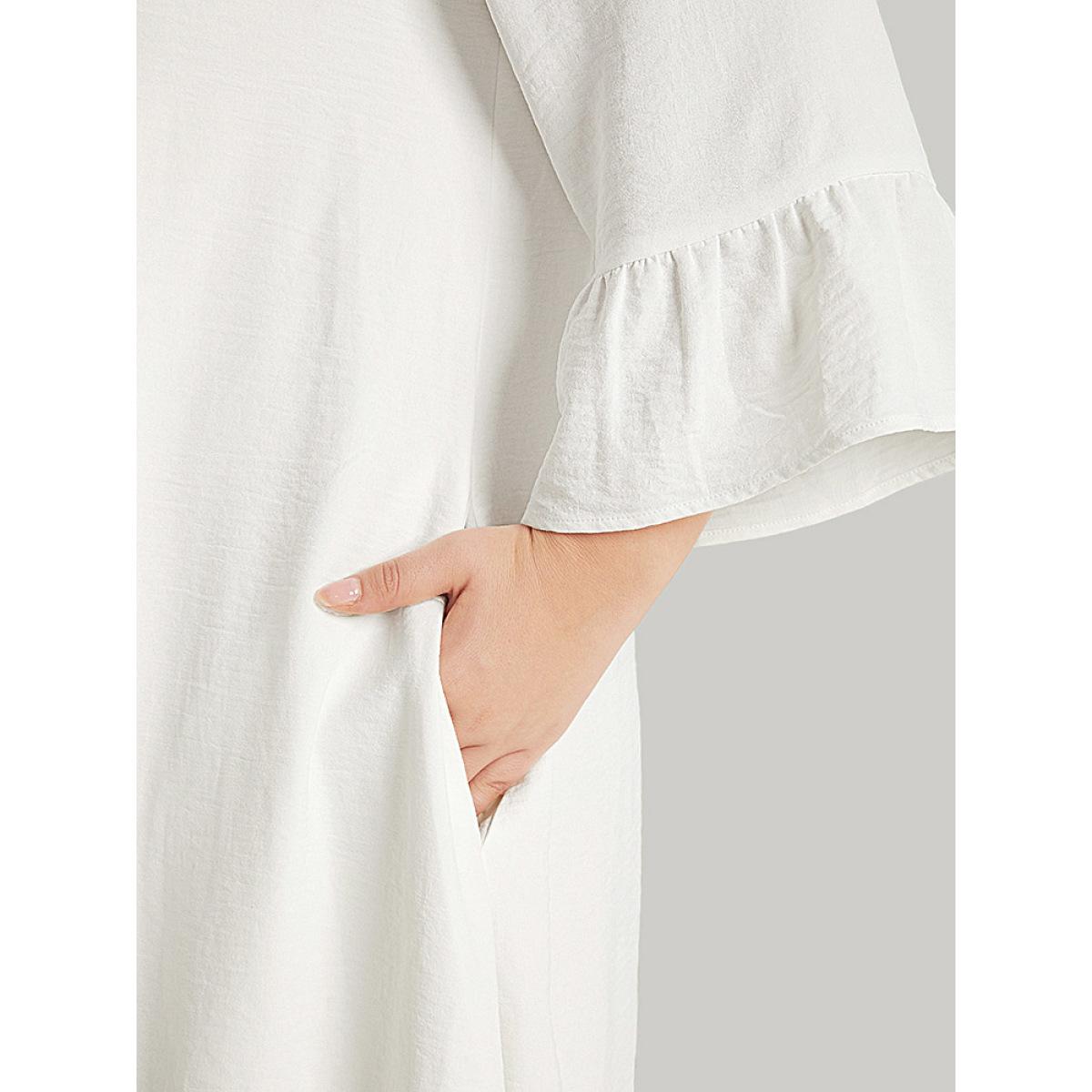 Plus Size Solid Pocket Ties Tassels Bell Sleeve Dress White Women Vacation Texture V-neck Elbow-length sleeve Curvy Midi Dress BloomChic 26/4X Product Image