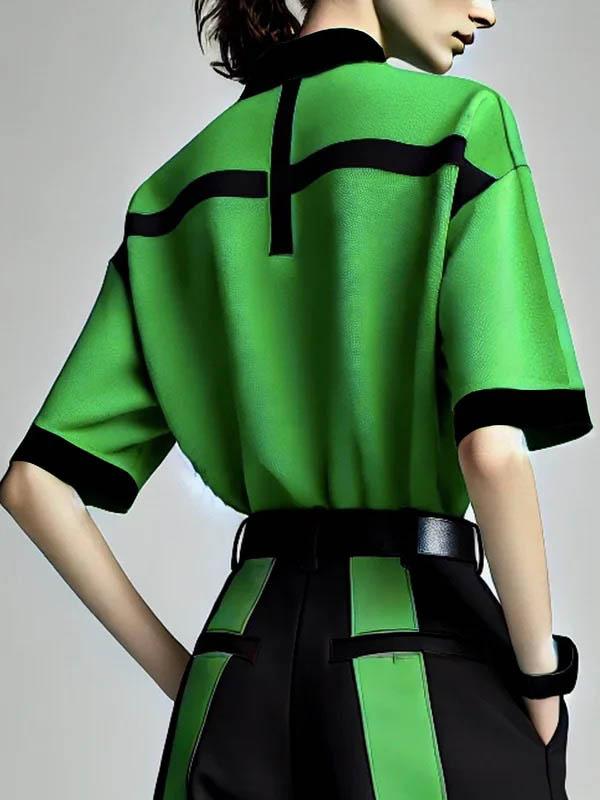 Half Sleeves Loose Contrast Color Lapel Blouses&Shirts Tops Product Image
