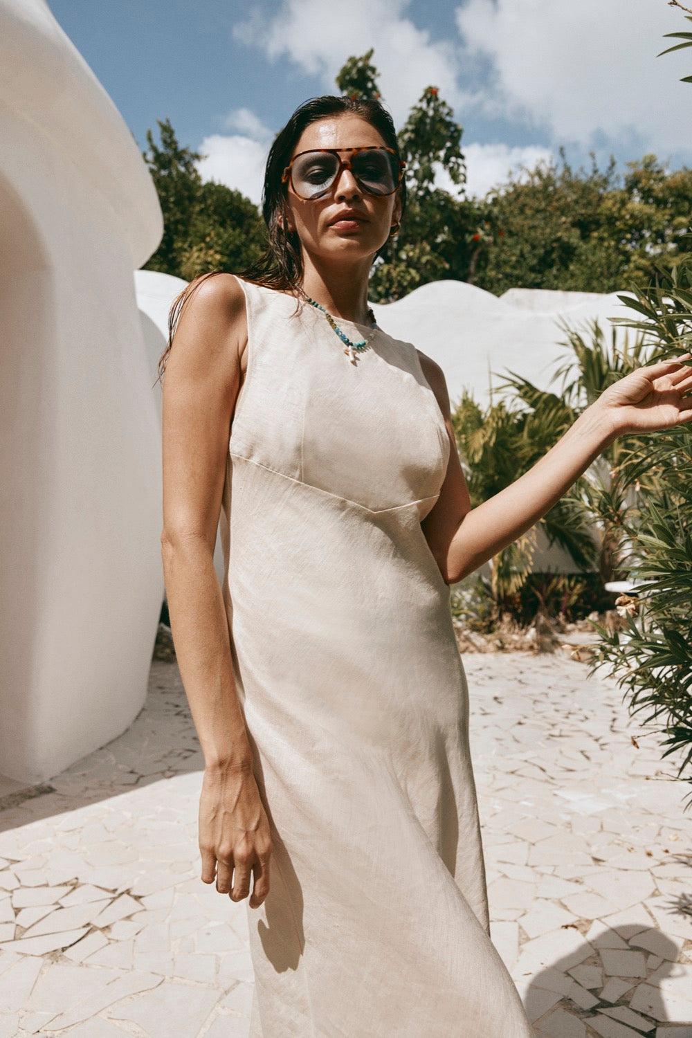 Art Of Bloom Linen Bias Cut Maxi Dress Cream Product Image