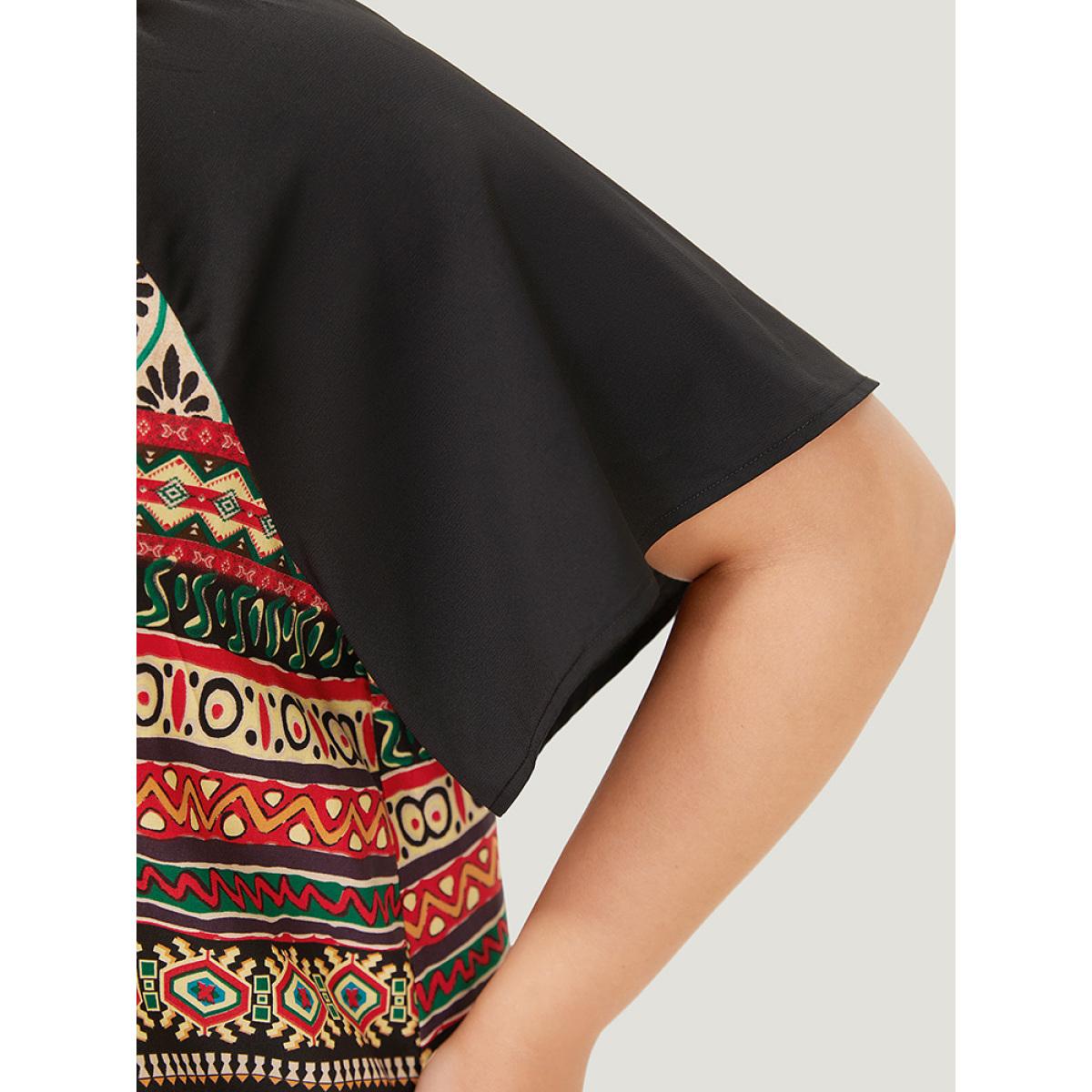 Plus Size Multicolor Moroccan Print Raglan Sleeve Tassels Tie Neck Blouse Women Vacation Short sleeve Tie Neck Dailywear Blouses BloomChic 22-24/3X Product Image