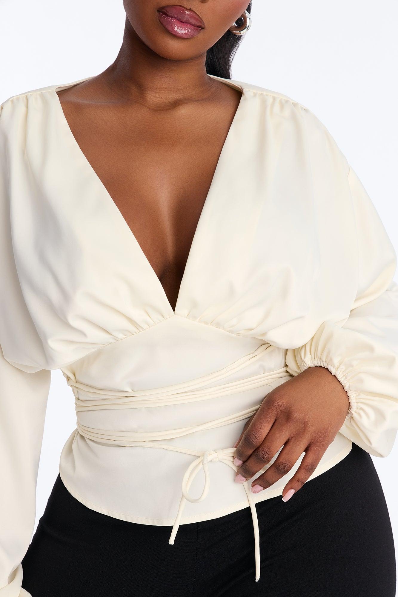 Out And About Lace Up Satin Blouse - Ivory Female Product Image