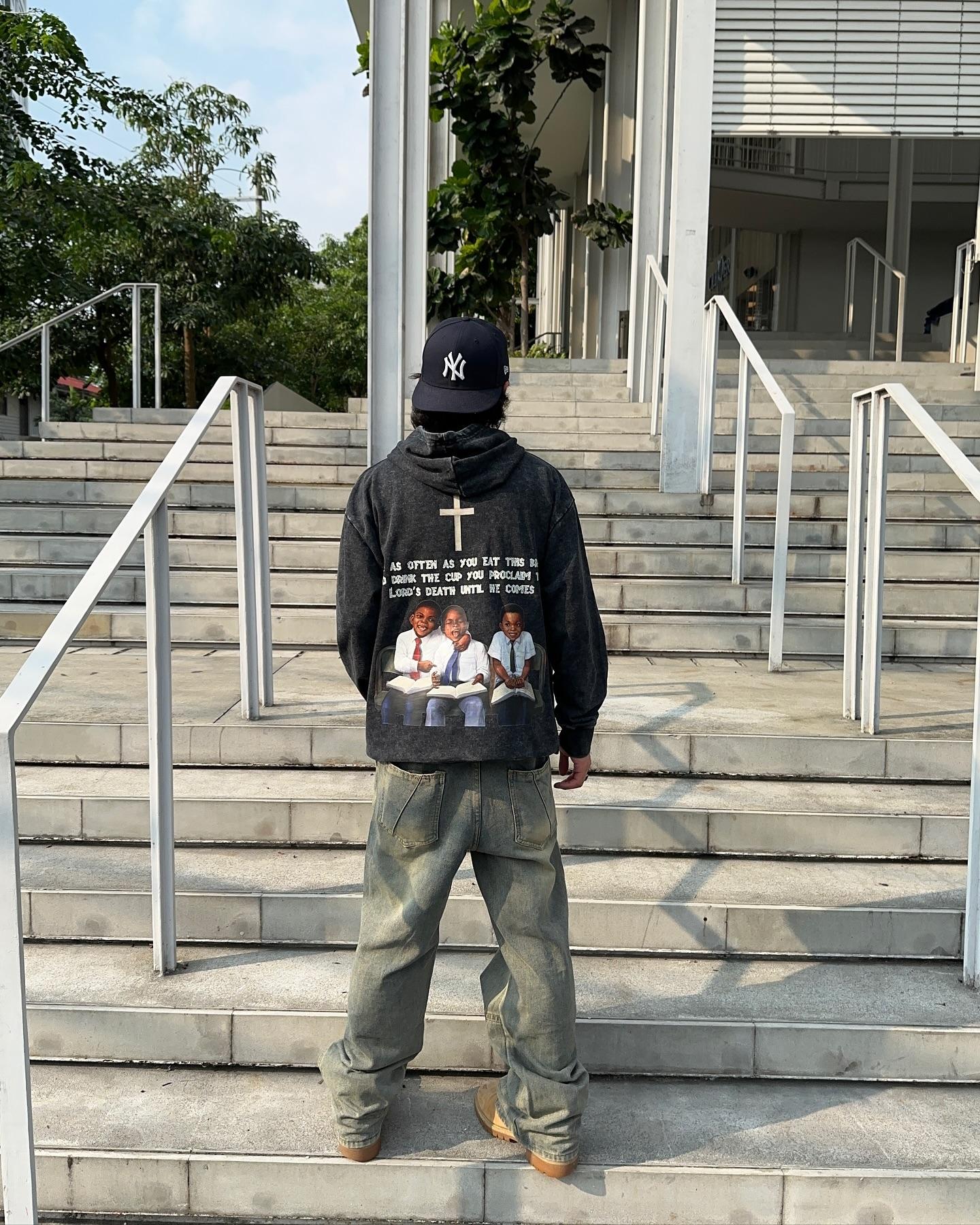 Vintage Angels Descend Graphic Acid Washed Oversized Hoodie Product Image