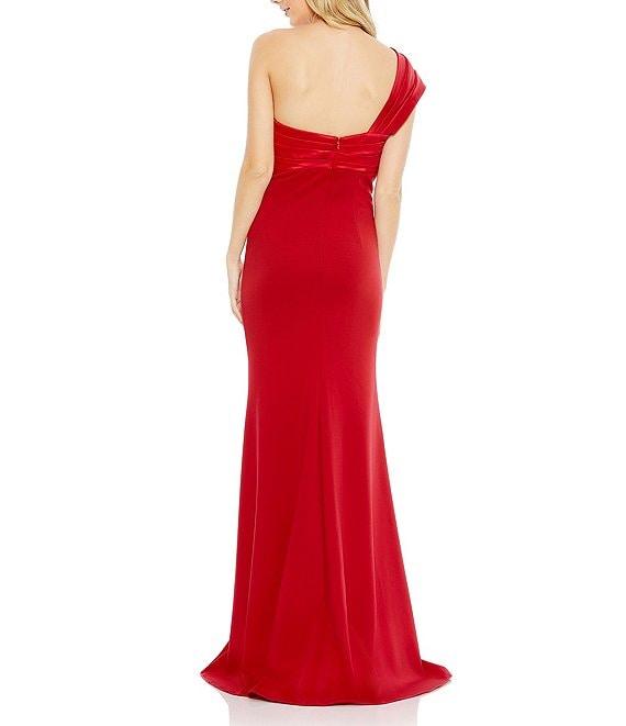Mac Duggal Satin Tie Front Detail One Shoulder Sleeveless Draped Trumpet Gown Product Image