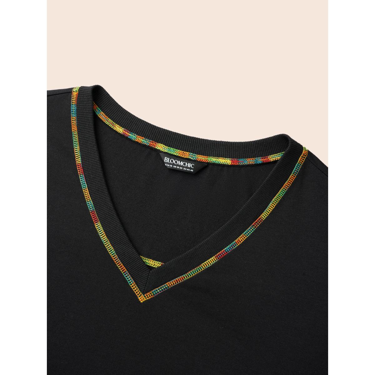 Plus Size V Neck Contrast Rainbow Trim Sweatshirt Women Black Casual Topstitching V-neck Everyday Sweatshirts BloomChic 26/4X Product Image