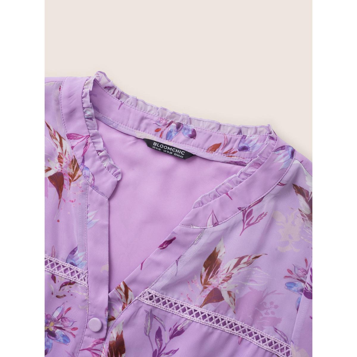 Plus Size Purple Plants Guipure Lace Button Detail Mesh Blouse Women Elegant Short sleeve V-neck Everyday Blouses BloomChic 22-24/3X Product Image