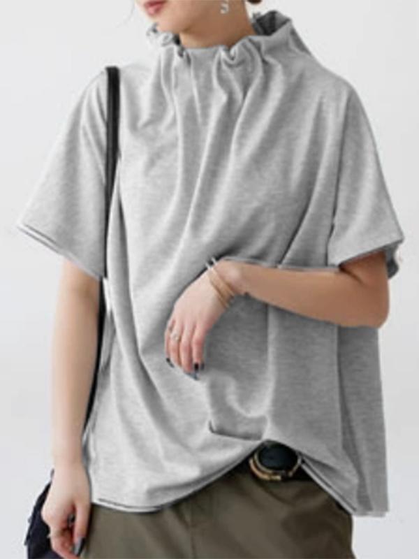 Loose Short Sleeves Solid Color Stand Collar T-Shirts Tops Product Image